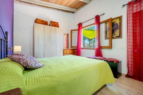 a bedroom with a green bed and a window at Can Boquera in L'Ametlla de Mar