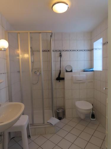 a bathroom with a shower and a toilet and a sink at Große Warf mit Rasenfläche in Ockholm
