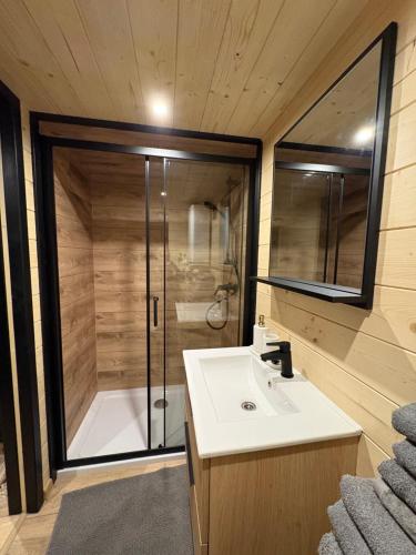 a bathroom with a shower and a sink and a shower at ToTu Tiny House Sauna & wanna ogrodowa in Dobiesz