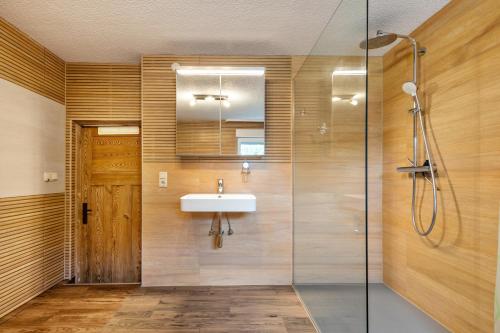 a bathroom with a sink and a glass shower at Kleines Glück in Seedorf