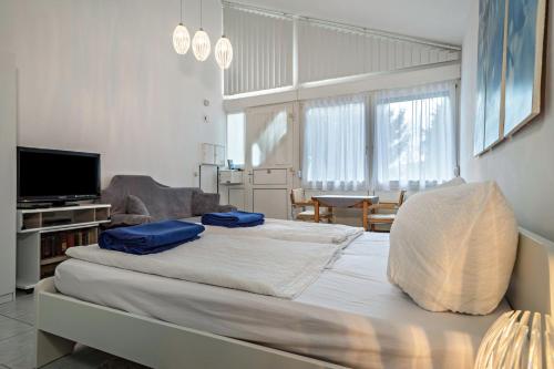 a bedroom with a large bed and a television at Fewo Eg Links - Hunde erlaubt in Oberteuringen