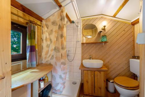 a small bathroom with a toilet and a sink at Ferien Tinyhaus im Tale in Ascheffel