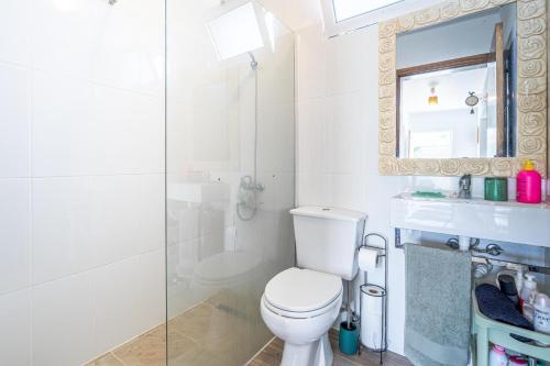 a white bathroom with a toilet and a shower at Casa de Campo Serrão in Calheta