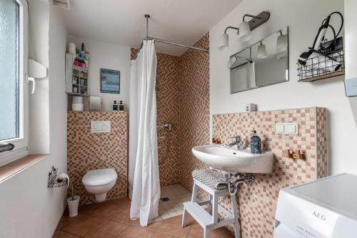 a bathroom with a sink and a toilet and a shower at Ferienhaus Nilsson in Heide
