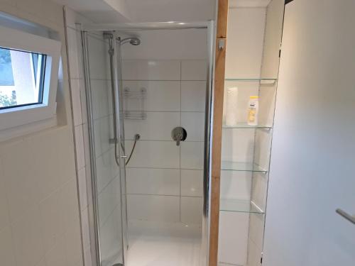 a shower with a glass door in a bathroom at Zimmer in Müsch nahe Nürburgring in Müsch