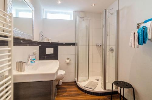 a bathroom with a shower and a sink and a toilet at Jeglehof in Salem