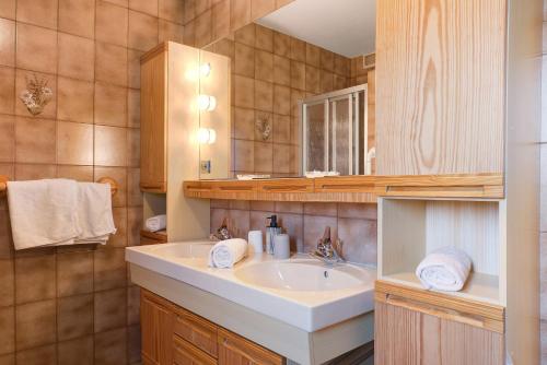 a bathroom with a sink and a mirror at Apartment Rosengartenblick in Steinegg