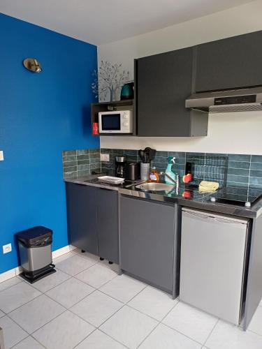 a kitchen with black cabinets and a blue wall at Gite paysan lecarpentier in Fontenay