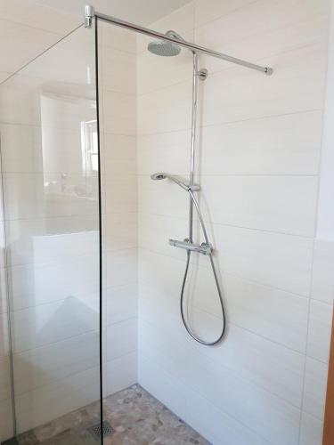 eine Dusche mit Glastür im Badezimmer in der Unterkunft Ruth in Dahn