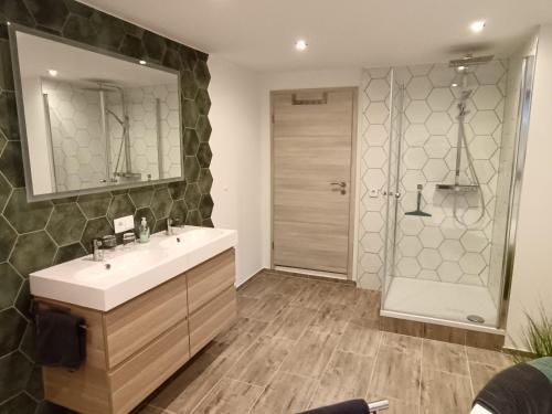 a bathroom with a sink and a shower at Ferienwohnung Papperitz in Heiligen