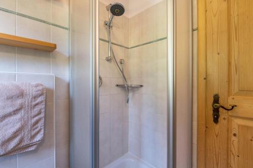 a bathroom with a shower with a glass door at Kranebitterhof Apt Alpenrose in Valdaora