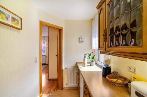 a kitchen with wooden cabinets and a counter top at Ferienwohnung Inge in Uder