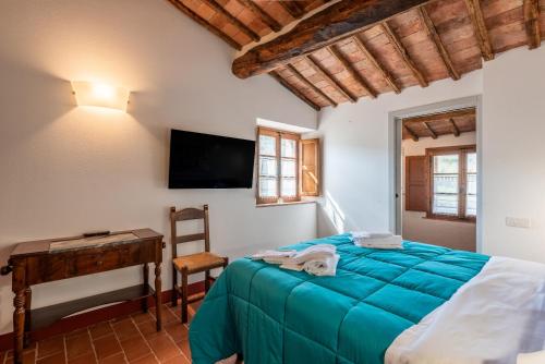 a bedroom with a bed and a desk and a television at Agriturismo la Taverna Di Celsa in Sovicille