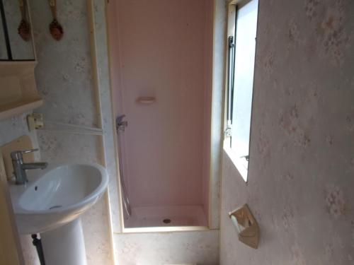 a bathroom with a shower and a sink at Mobil'Home du Sancillon in Charentay