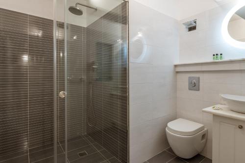 a bathroom with a shower and a toilet and a sink at Afroditi Ftelia Yasemi b in Mykonos