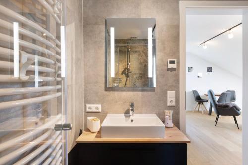 a bathroom with a sink and a mirror at Waldglück Apartment in Feldberg