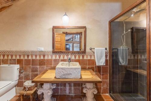 a bathroom with a sink and a shower at La Botica De Maderuelo in Maderuelo