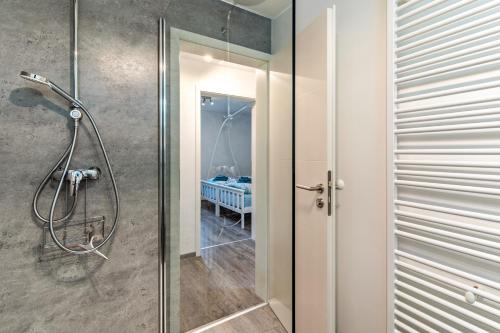 a shower with a glass door in a bathroom at Ferienwohnung Eulennest in Schramberg