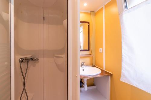 a bathroom with a shower and a sink at Mobilhome Le Tilleul in Saint-Pompont