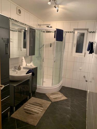 a bathroom with a shower and a sink and a tub at Ferienwohnung Ödbach mit Terrasse in Konzell