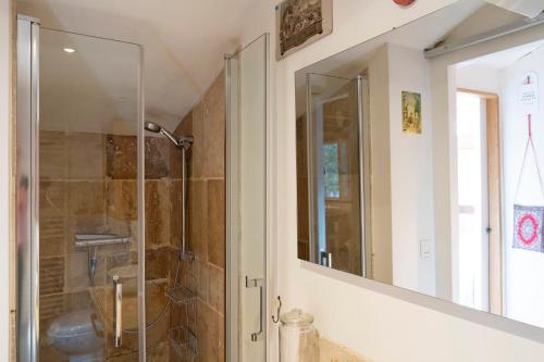 a bathroom with a shower and a mirror at Une escale sur l'océan in Ciboure