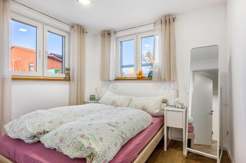 a bedroom with a bed and a mirror and windows at Ferienwohnung Seyfried in Hardheim