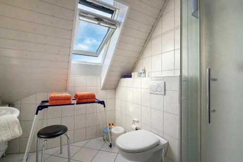 a small bathroom with a toilet and a sink at Fischerhus Anne Jensen in Pellworm