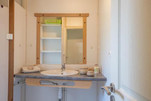 a bathroom with a sink and a mirror at Maison Jordan - Mas Lachamp in Gravières