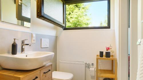 a bathroom with a white sink and a window at Ferienhaus Auszeit mit Terrasse in Tennenbronn