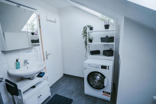 a bathroom with a washing machine and a sink at Seeblick Wadee in Radolfzell am Bodensee