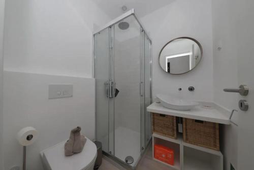 a bathroom with a shower and a toilet and a mirror at Bougainvillea House in Tavira