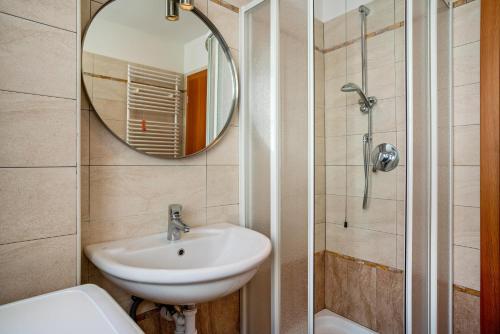 a bathroom with a sink and a mirror at Casa Batistei Ribes in Molveno