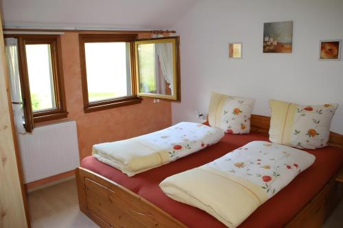 two beds in a room with two windows at Ferienwohnung Bergerhöh in Todtnauberg