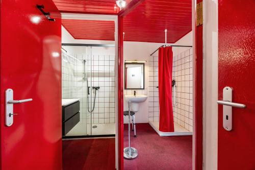 a red bathroom with a shower and a sink at Gite de l'Ecluse in Bassanne