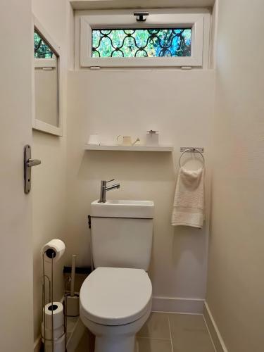a bathroom with a toilet and a stained glass window at Maison David in Nantiat