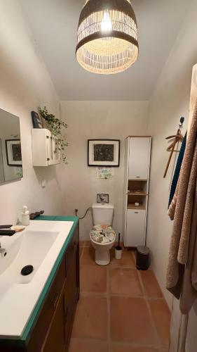 a bathroom with a toilet and a sink and a chandelier at Sítio Do Valverde in Coruche