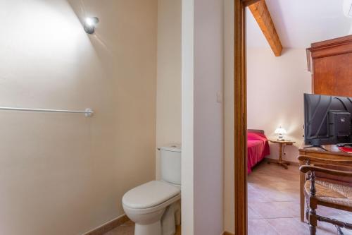 a bathroom with a toilet and a tv in a room at Maison d'hôtes Collobrières in Collobrières