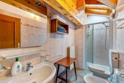 a bathroom with a tub and a toilet and a sink at Casa Montagna in Cadore in San Pietro di Cadore