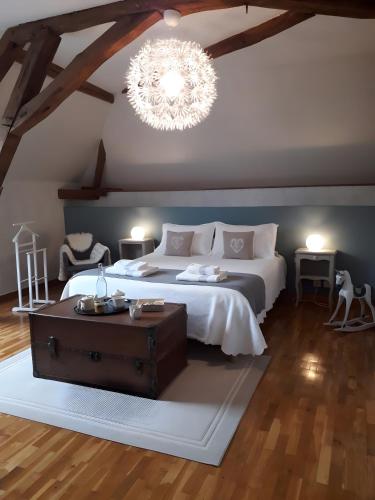 a bedroom with a large bed and a chandelier at Chambres d'hôtes Chez Mathilde in Eaux-Puiseaux