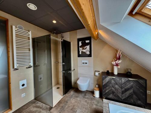 a bathroom with a shower and a toilet at Lot54 Holiday Homes in Feuerscheid