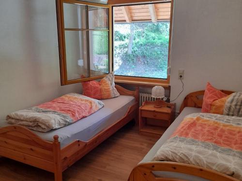 a bedroom with two beds and a window at Geigerbauernhof in Mühlenbach