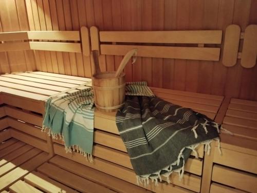 a inside of a sauna with a bucket at Ferienwohnung Waldkäuzle in Lenzkirch
