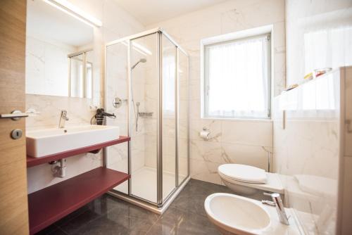 a bathroom with a sink and a toilet and a shower at Alpenblick Nr 8 in Campo Tures