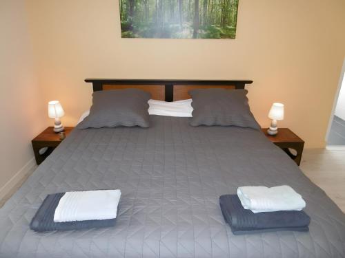 a bedroom with a bed with two towels on it at Ferme De Berteillé in Castérat-Bouzet