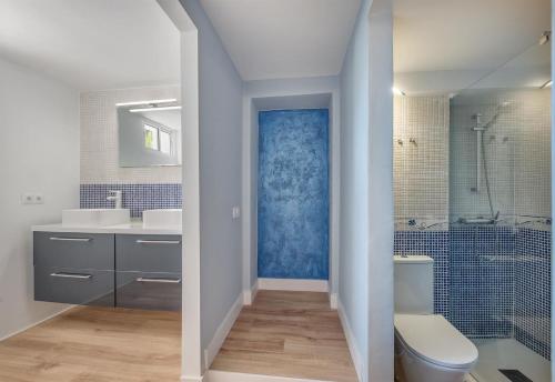 a bathroom with a toilet and a blue door at Villa Domus Vesta in Marbella