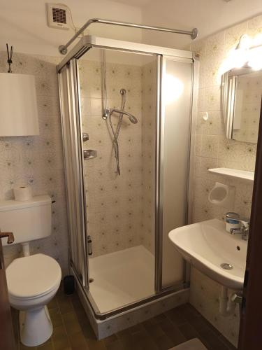 a bathroom with a shower and a toilet and a sink at Apartement Annabelle in Lana