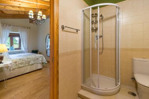 a bathroom with a shower and a toilet and a bed at Casa Lindelagua in Pámanes