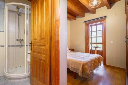 a bedroom with a bed and a shower in a room at Aldea Salguero in Albandi