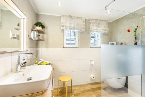 a bathroom with a sink and a toilet and a shower at Ferienwohnung Sommersonne in Warstein
