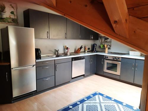 a kitchen with stainless steel appliances and gray cabinets at Ferienwohnung Schwarzwaldfeder in Todtnau